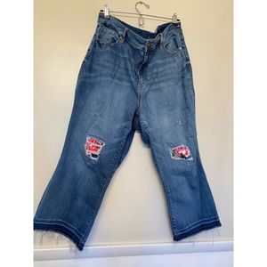 Distressed crop floral patched denim. Lane Bryant size 22